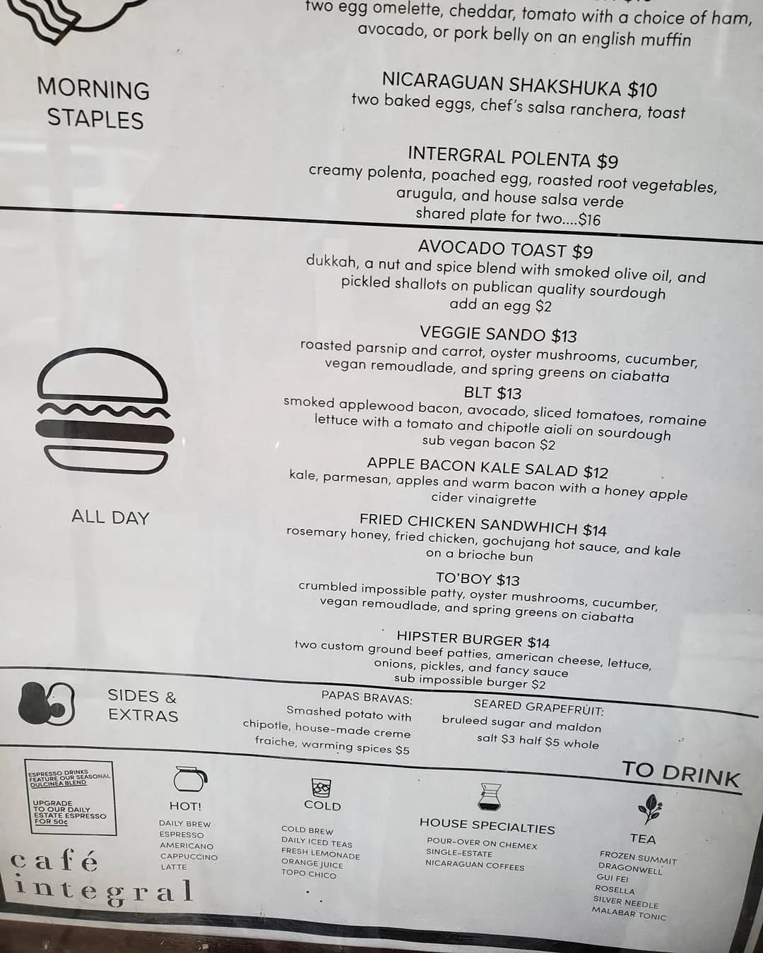 Avocado toast & hipster burger (sub impossible) on the menu at freehand chicago