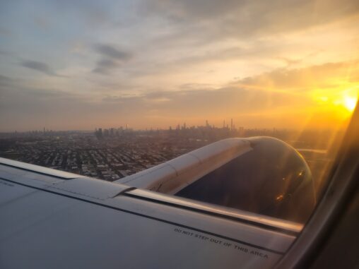 NY Skyline as seen from the air taking off from LGA at Sunset