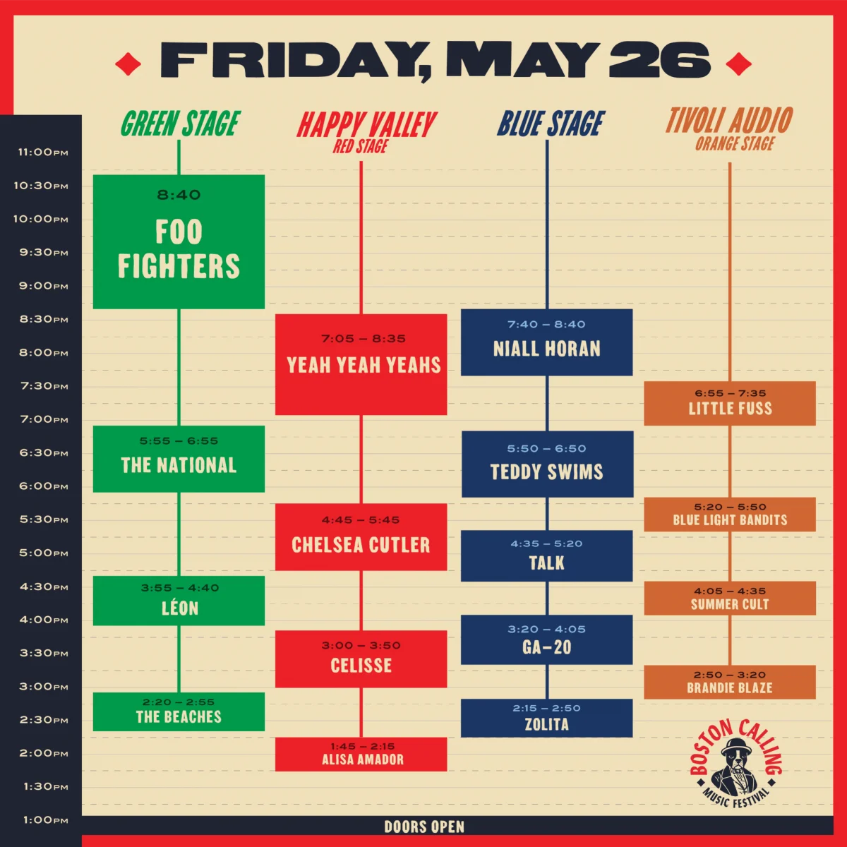 Schedule of artists performing Friday May 26th