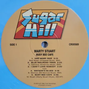 Record label with tracklist and Sugar Hill Records logo, blue vinyl 