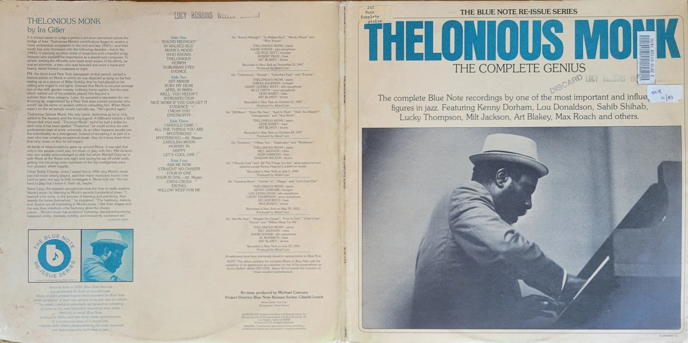 Record cover - photo of Thelonious Monk at the piano plus tracklist 