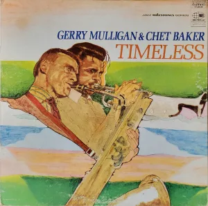 Album cover - color illustration of Gerry Mulligan playing a baritone sax and chet baker a trumpet