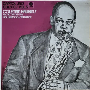 Album cover - Coleman Hawkins playing sax (illustration)